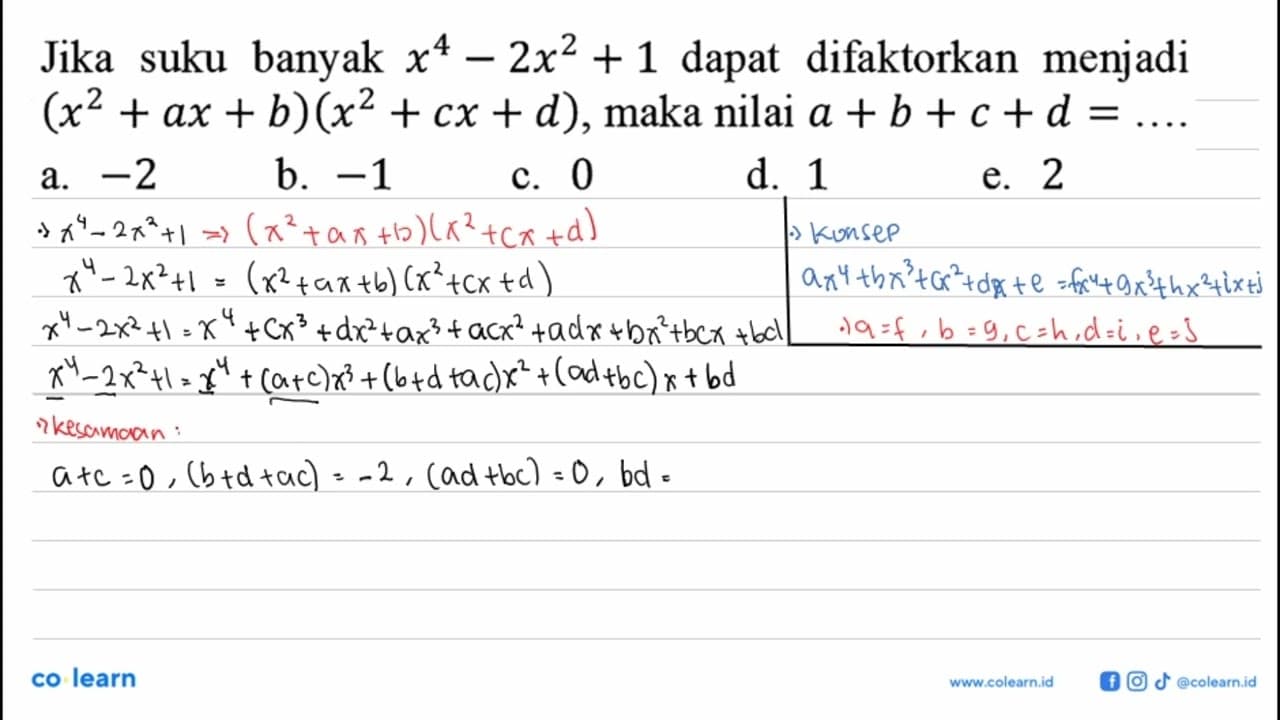 Jika suku banyak x^4-2x^2+1 dapat difaktorkan menjadi