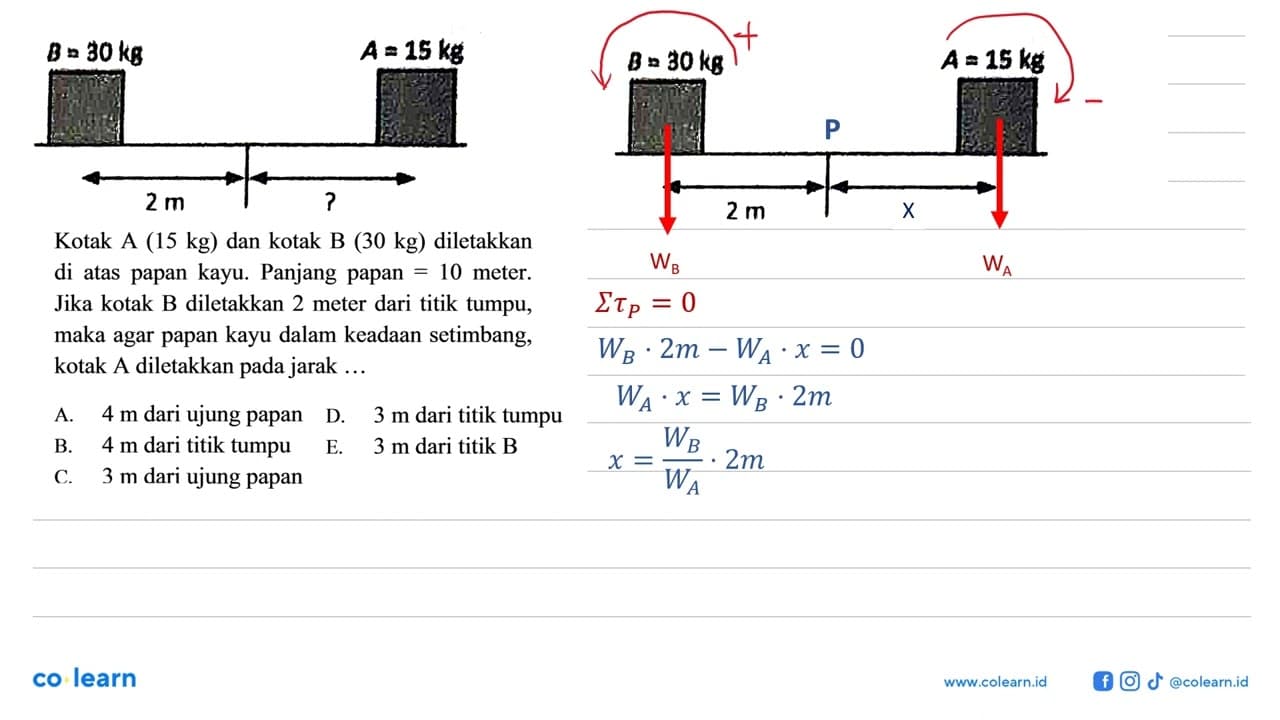 B = 30 kg A = 15 kg 2 m ? Kotak A (15 kg) dan kotak B (30