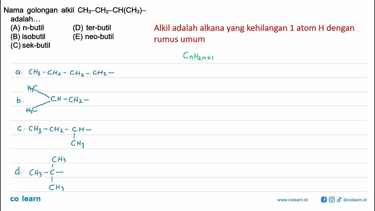 Nama golongan alkil CH3-CH2-CH(CH3)- adalah...