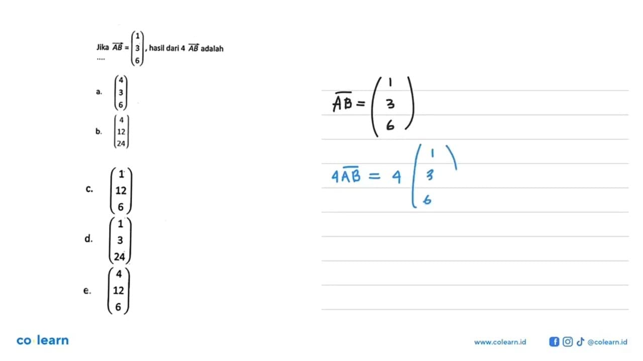 Jika vektor AB=(1 3 6), hasil dari 4AB adalah