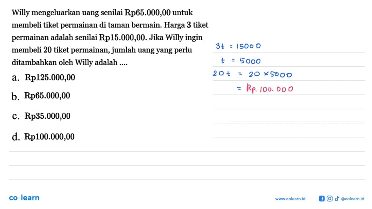 Willy mengeluarkan uang senilai Rp65.000,00 untuk membeli