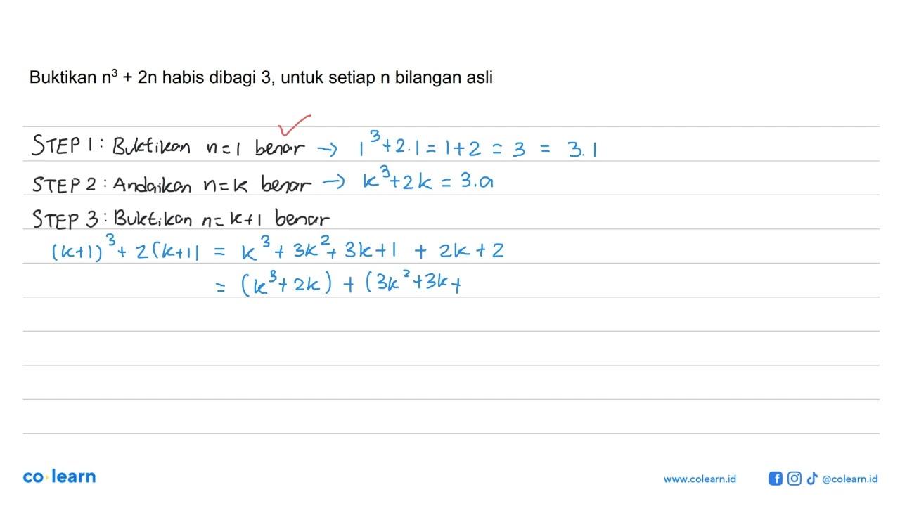 Buktikan n^3 + 2n habis dibagi 3, untuk setiap n bilangan