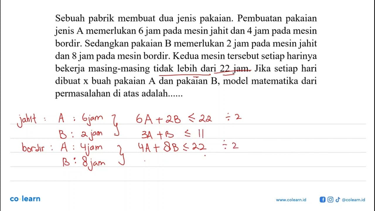 Sebuah pabrik membuat dua jenis pakaian. Pembuatan pakaian