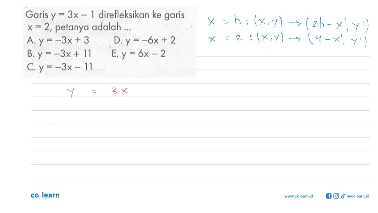 Garis y=3x-1 direfleksikan ke garis x=2, petanya adalah ...