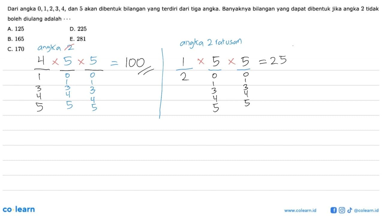 Dari angka 0, 1, 2, 3, 4, dan 5 akan dibentuk bilangan yang