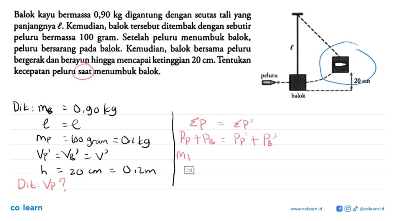 Balok kayu bermassa 0,90 kg digantung dengan seutas tali