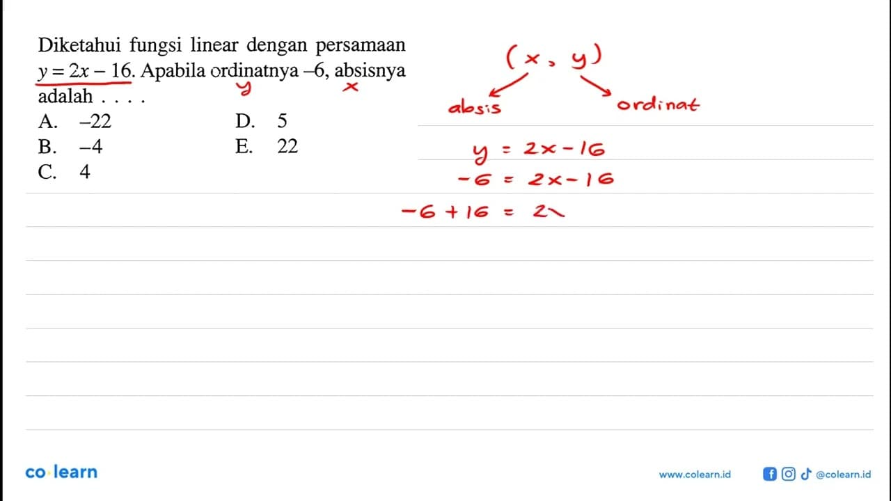 Diketahui fungsi linear dengan persamaan y=2x-16 . Apabila