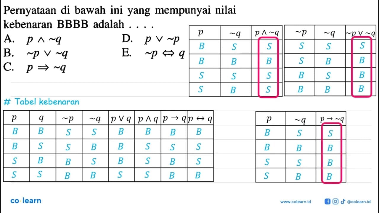 Pernyataan di bawah ini yang mempunyai nilai kebenaran BBBB