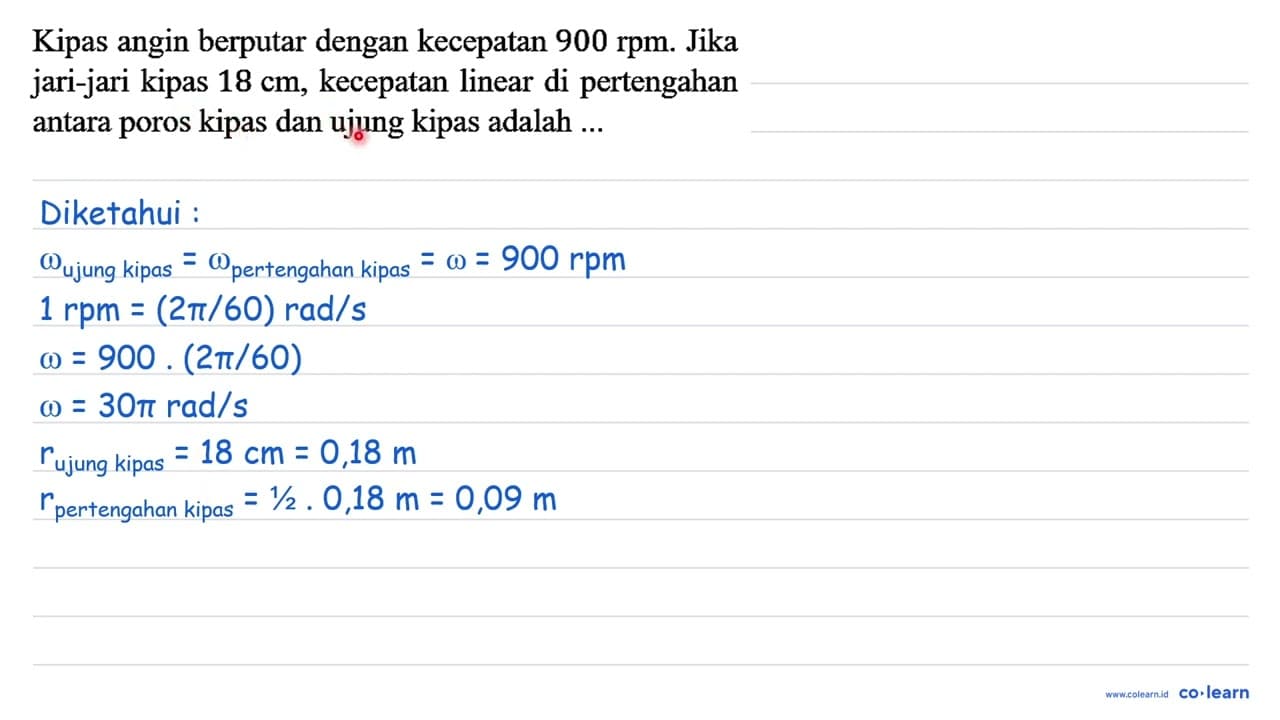 Kipas angin berputar dengan kecepatan 900 rpm. Jika