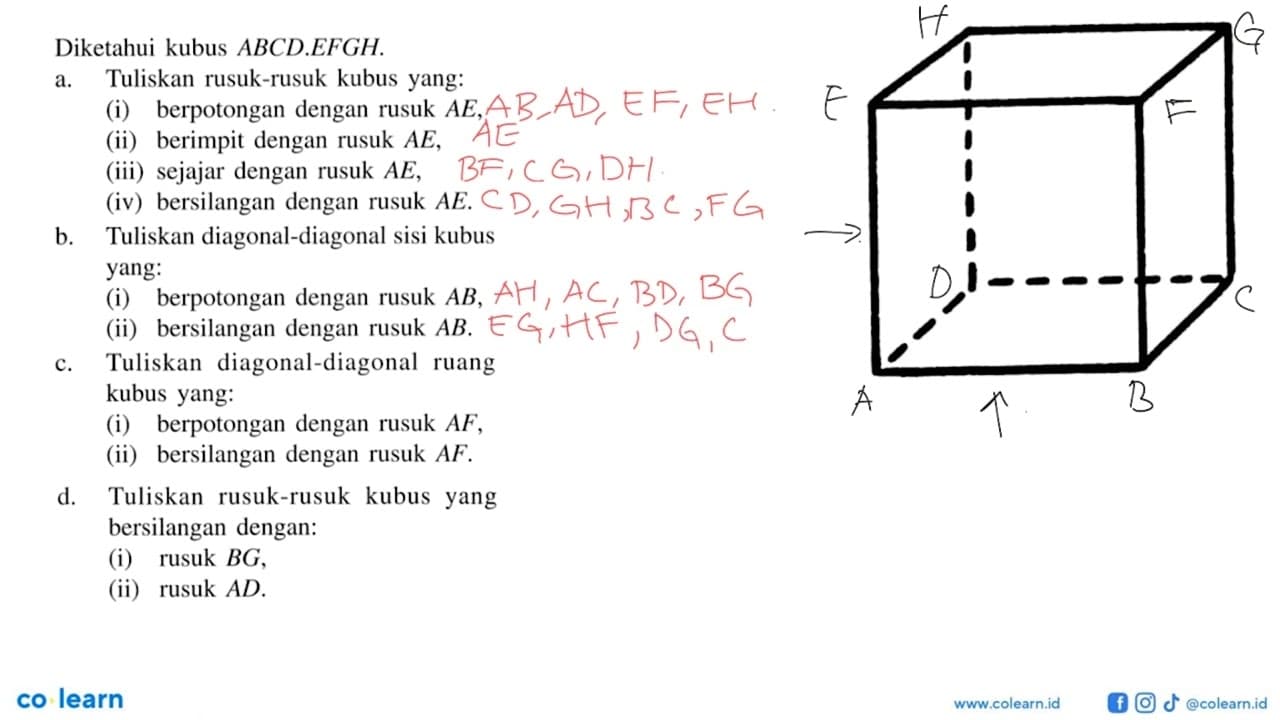 Diketahui kubus ABCD.EFGH. a. Tuliskan rusuk-rusuk kubus
