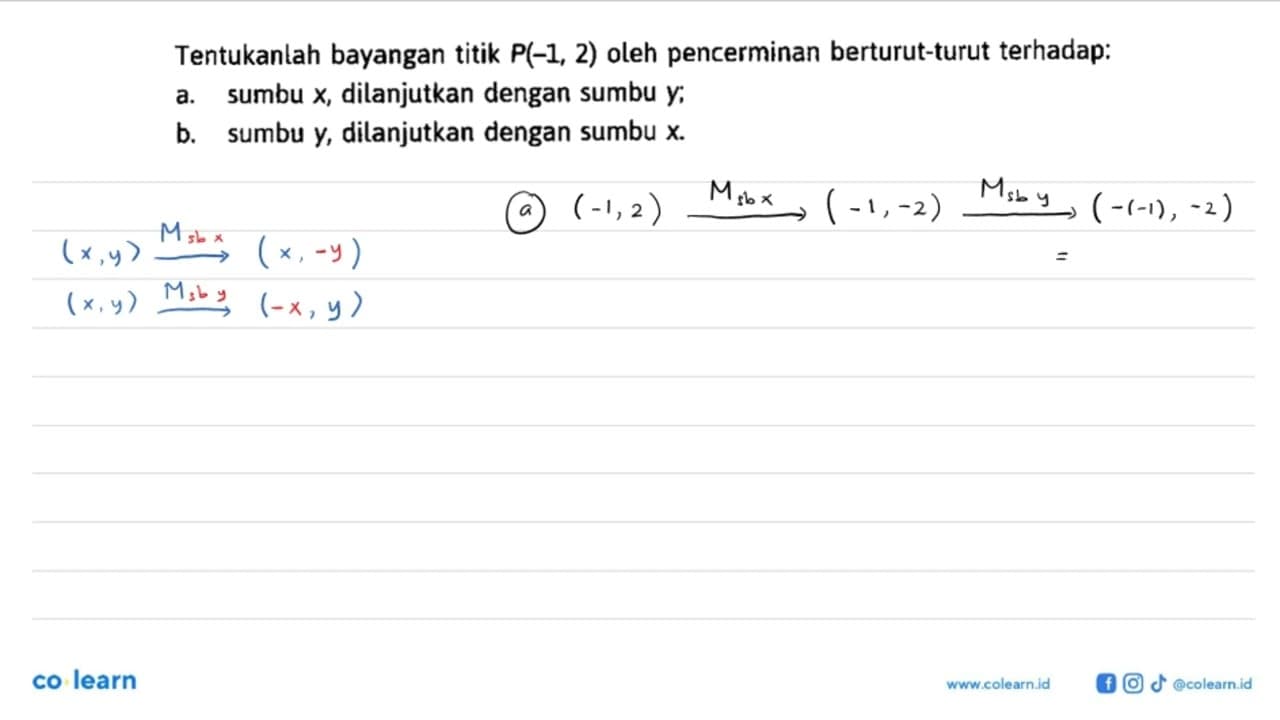 Tentukanlah bayangan titik P(-1, 2) oleh pencerminan