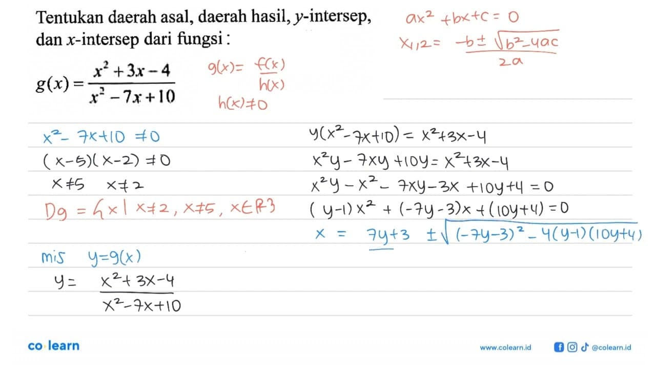 Tentukan daerah asal, daerah hasil, y-intersep, dan