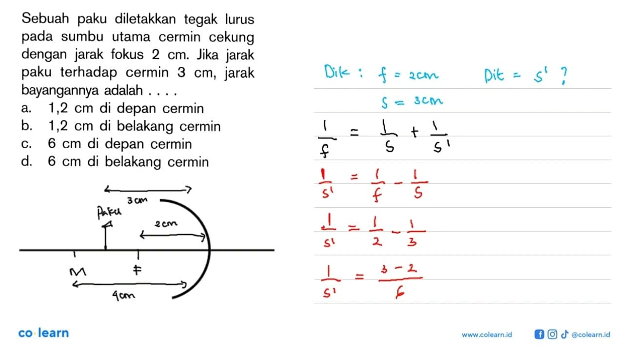 Sebuah paku diletakkan tegak lurus pada sumbu utama cermin