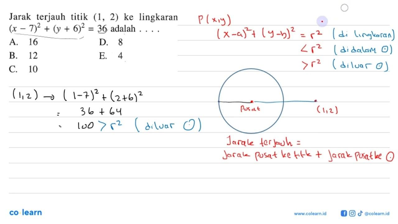 Jarak terjauh titik (1,2) ke lingkaran (x-7)^2+(y+6)^2=36