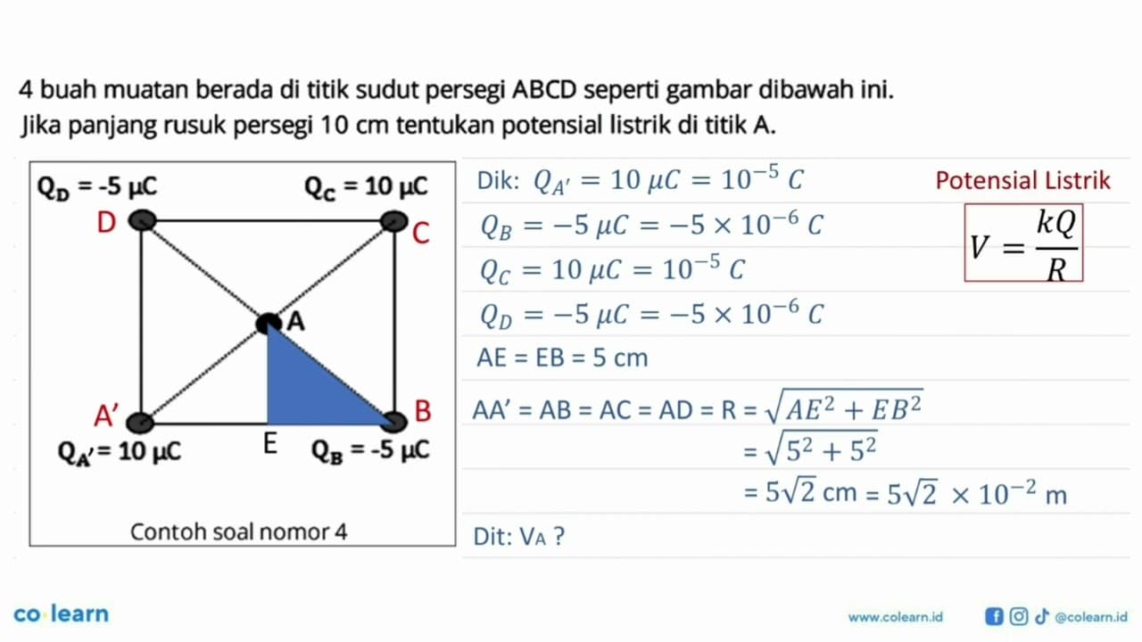 4 buah muatan berada di titik sudut persegi ABCD seperti