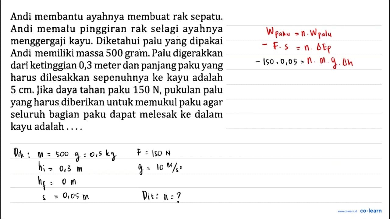 Andi membantu ayahnya membuat rak sepatu. Andi memalu