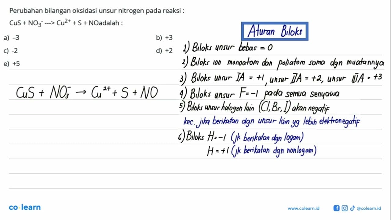 Perubahan bilangan oksidasi unsur nitrogen pada reaksi :