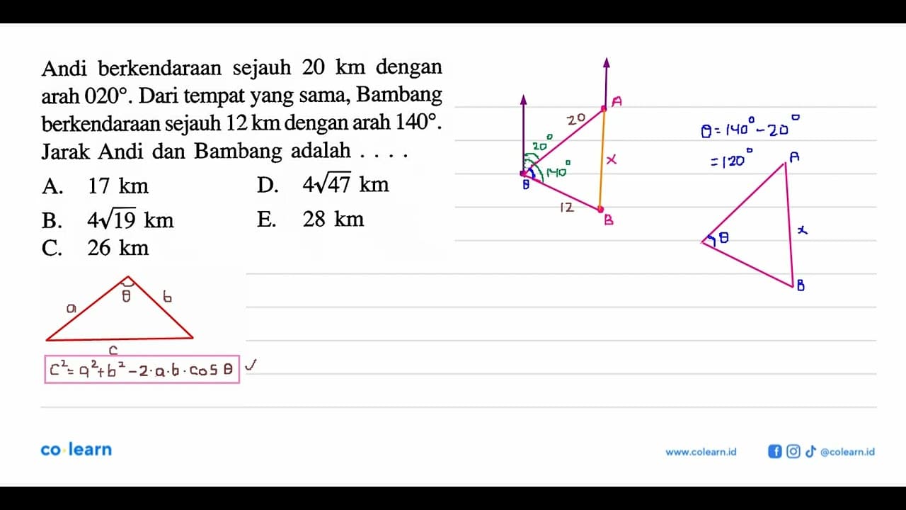 Andi berkendaraan sejauh 20 km dengan arah 020. Dari tempat