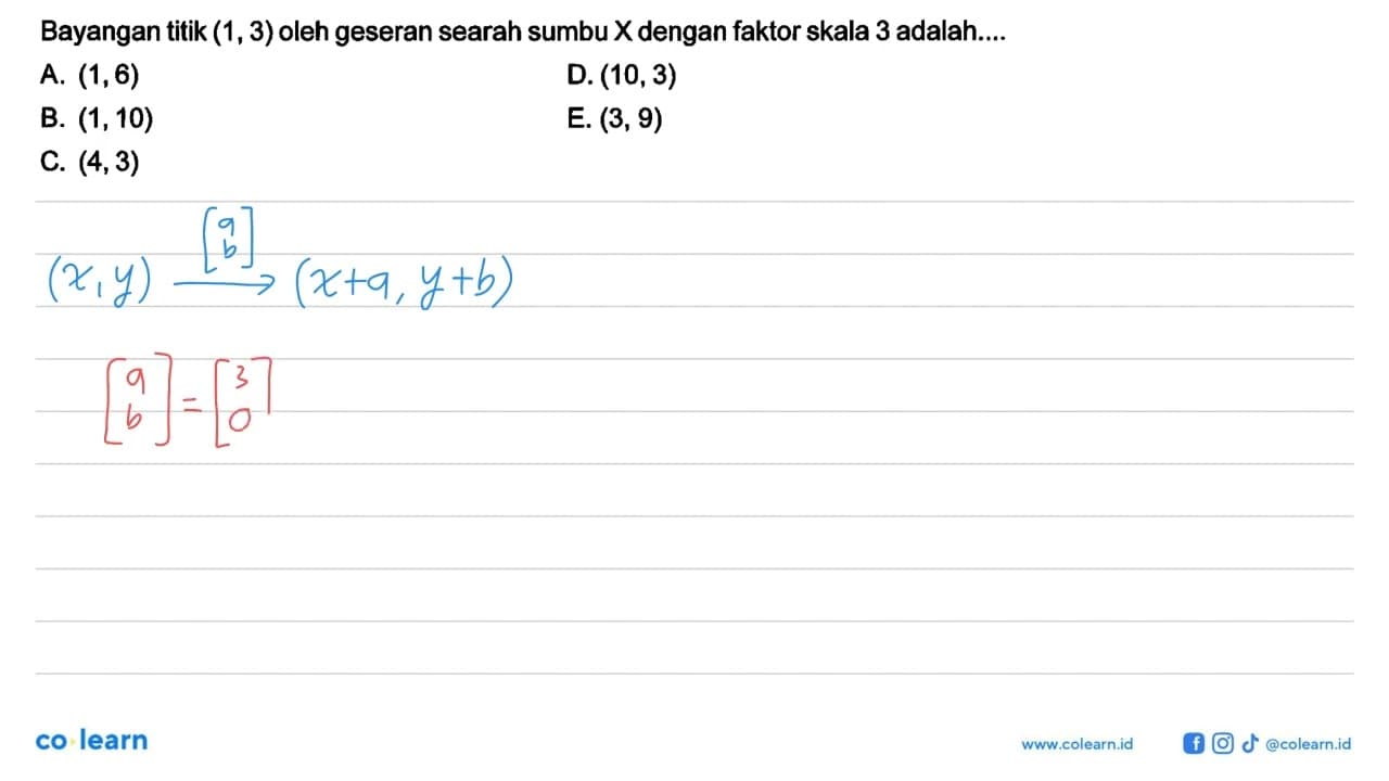 Bayangan titik (1, 3) oleh geseran searah sumbu X dengan