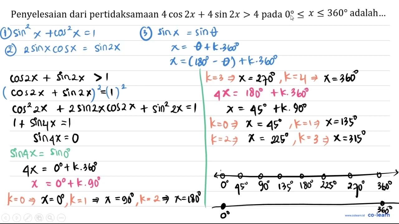 Penyelesaian dari pertidaksamaan 4 cos 2 x+4 sin 2 x>4 pada