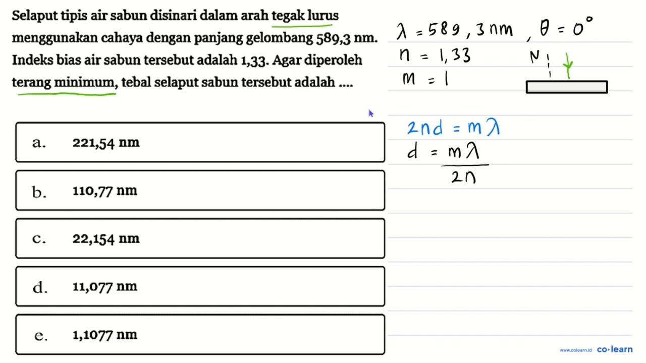 Selaput tipis air sabun disinari dalam arah tegak lurus