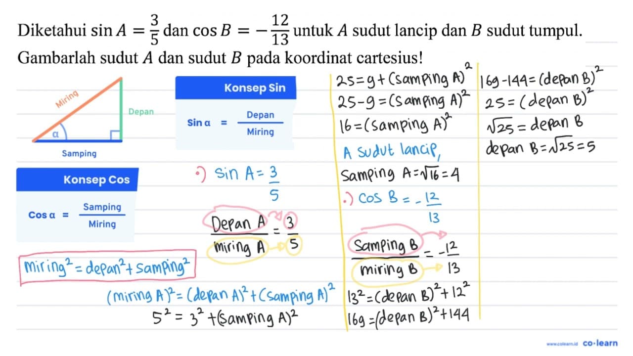 Diketahui sin A=(3)/(5) dan cos B=-(12)/(13) untuk A sudut