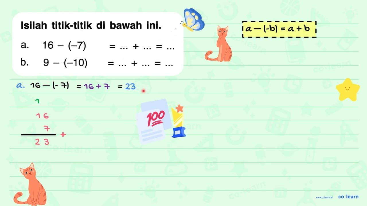 Isilah titik-titik di bawah ini. a. 16-(-7) =...+...=... b.