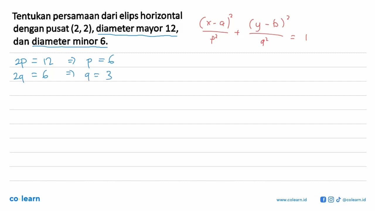 Tentukan persamaan dari elips horizontal dengan pusat (2,