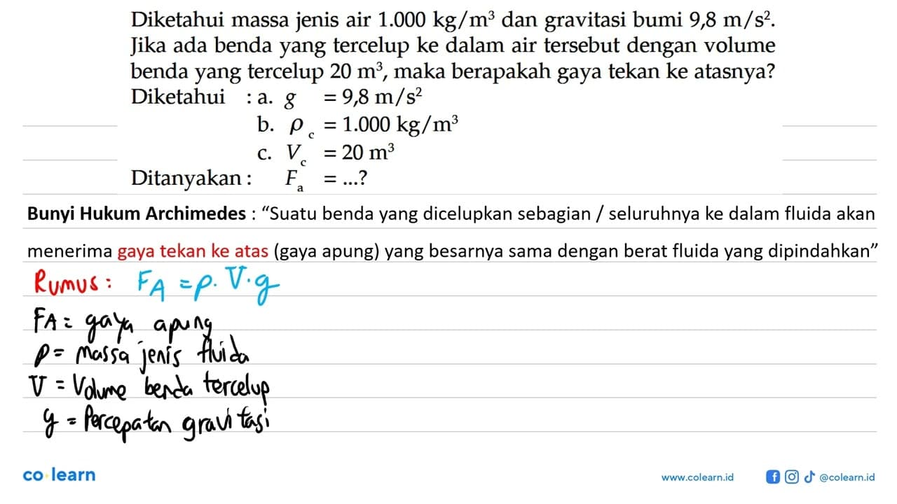 Diketahui massa jenis air 1.000 kg/m^3 dan gravitasi bumi