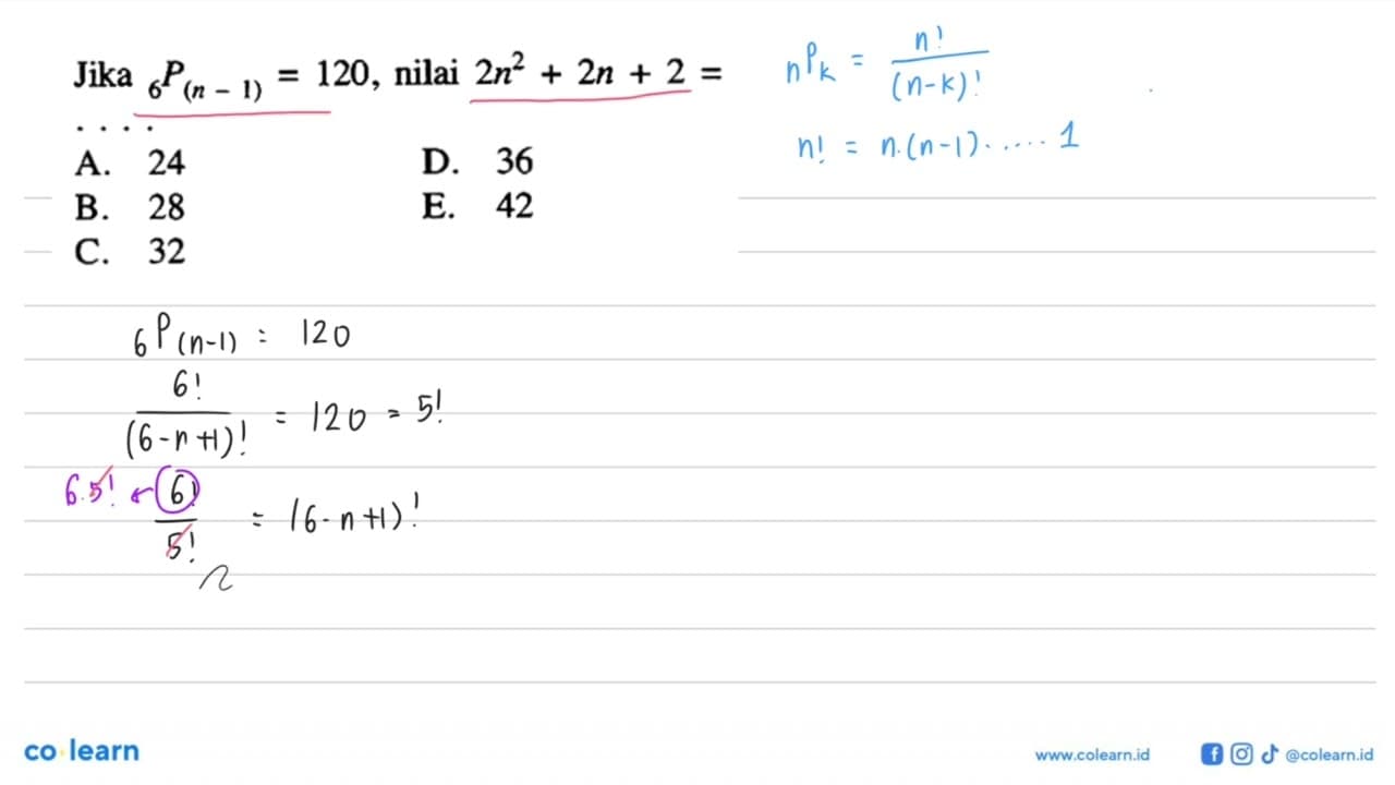 Jika 6 P(n-1)=120 , nilai 2 n^2+2 n+2=