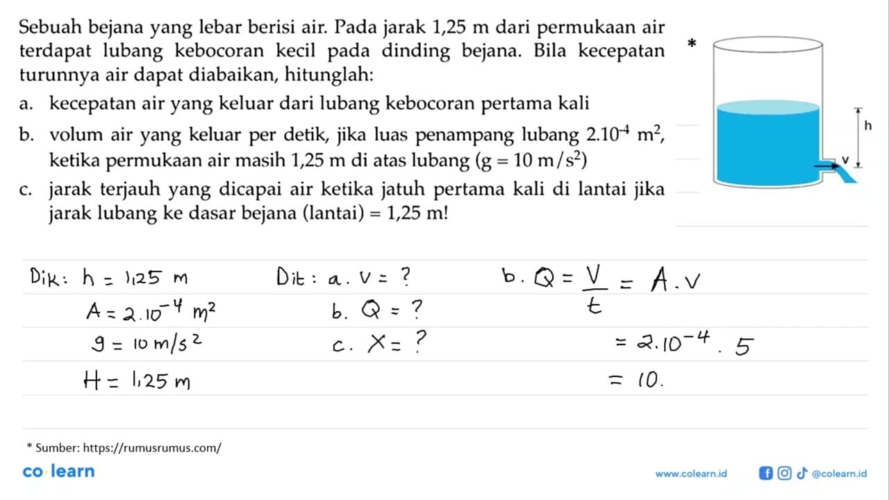 Sebuah bejana yang lebar berisi air. Pada jarak 1,25 m dari