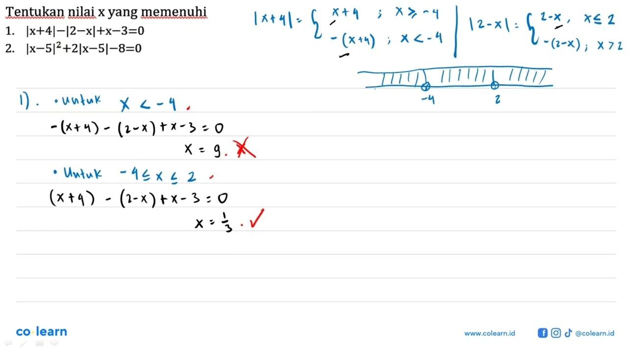 1. |x+4|-|2-x|+x-3=0 2. |x-5|^2+2|x-5|-8=0