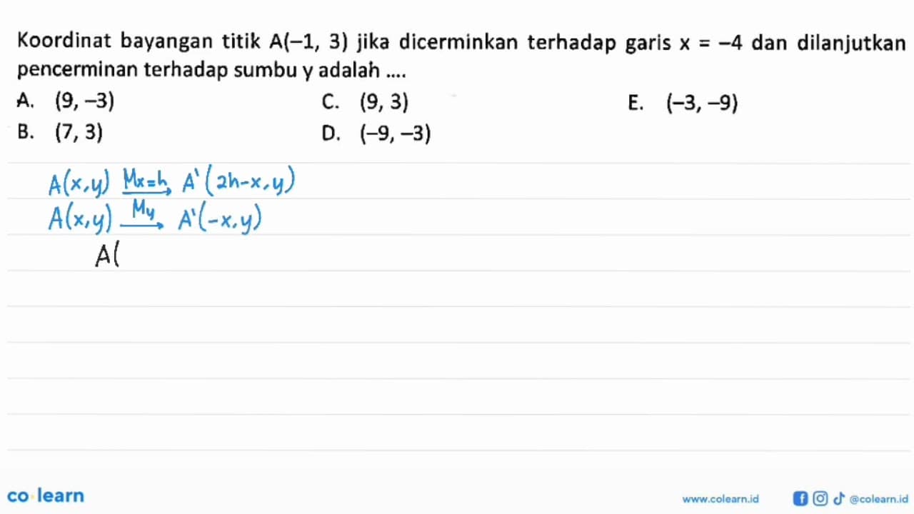 Koordinat bayangan titik A(-1,3) jika dicerminkan terhadap