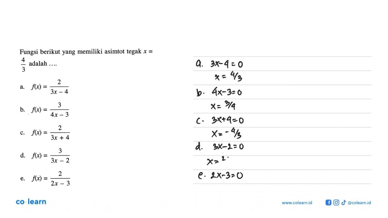 Fungsi berikut yang memiliki asimtot tegak x = 4 adalah