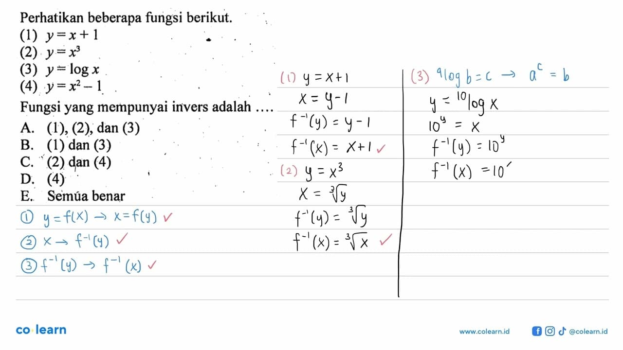 Perhatikan beberapa fungsi berikut. (1) y=x+1 (2) y=x^3 (3)