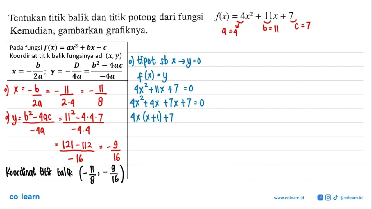 Tentukan titik balik dan titik potong dari fungsi f(x) =