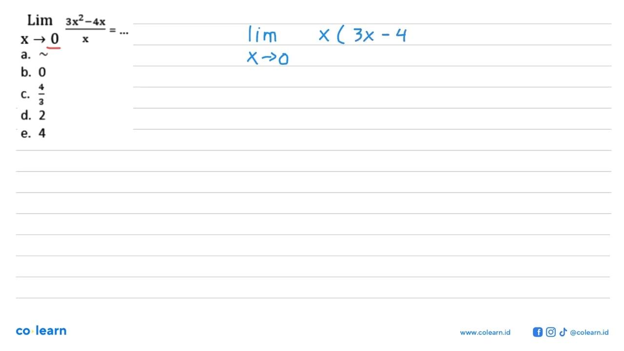 Limit x->0 (3x^2-4x)/x =