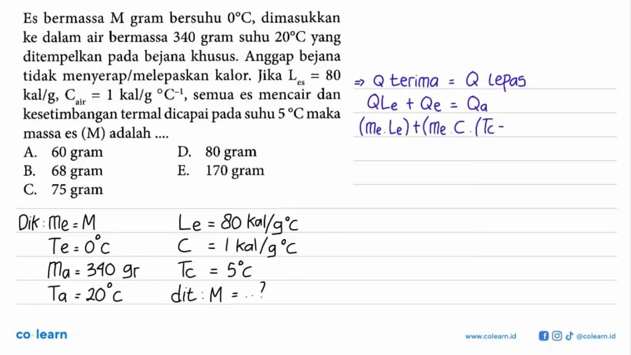 Es bermassa M gram bersuhu 0C, dimasukkan ke dalam air