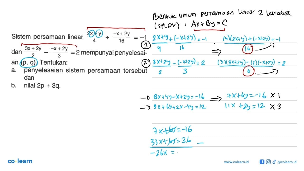 Sistem persamaan linear (2x+y)/4+(-x+2y)/16=-1 dan