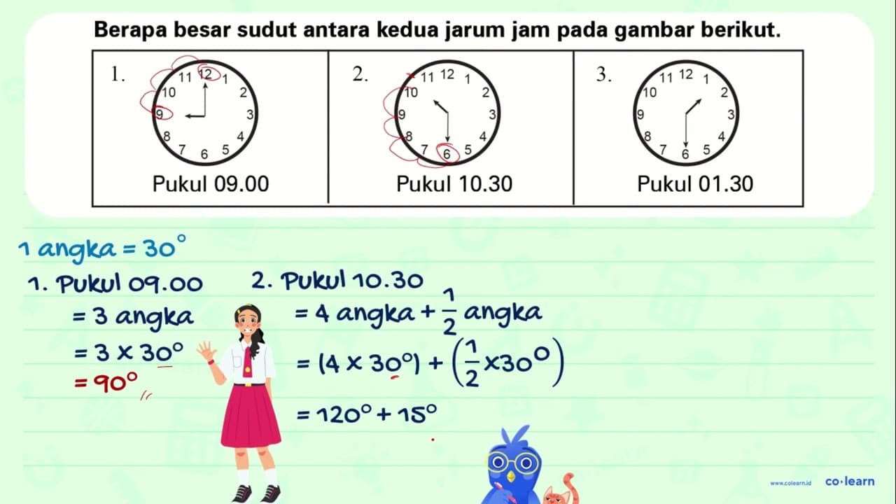 Berapa besar sudut antara kedua jarum jam pada gambar