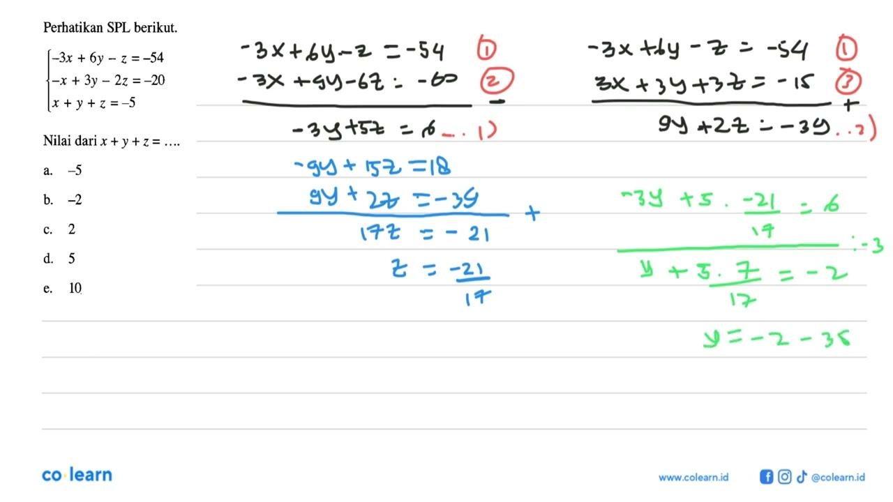 Perhatikan SPL berikut. -3x+6y-z=-54 -x+3y-2z=-20 x+y+z=-5