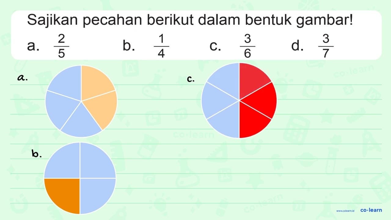 Sajikan pecahan berikut dalam bentuk gambar! a. 2/5 b. 1/4