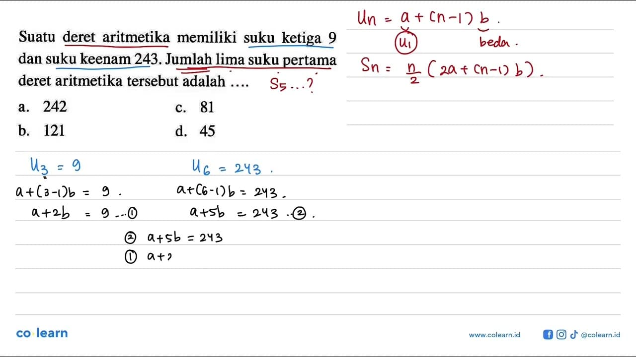 Suatu deret aritmetika memiliki suku ketiga 9 dan suku