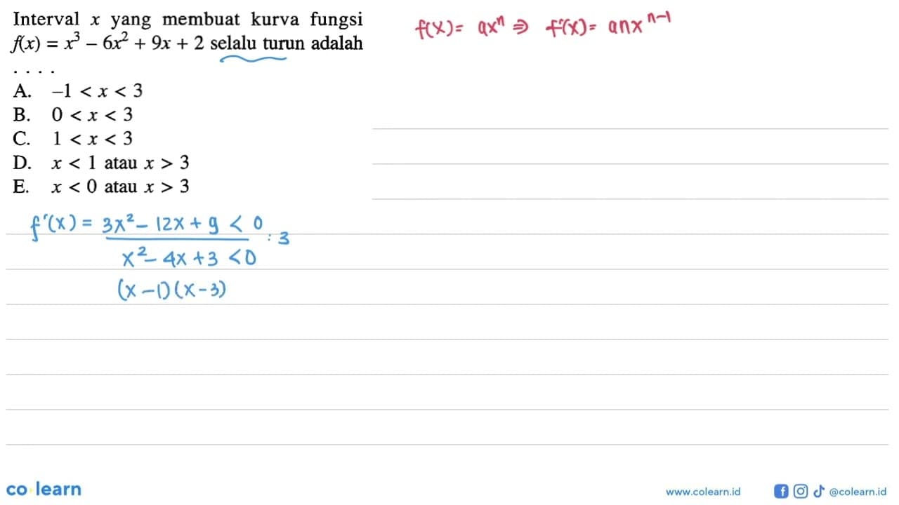 Interval x yang membuat kurva fungsi f(x)=x^3-6x^2+9x+2