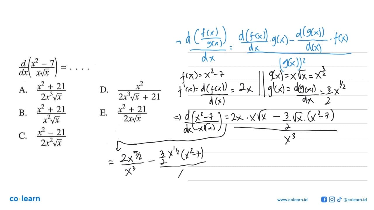 d/dx((x^2-7)/(x akar(x))=....