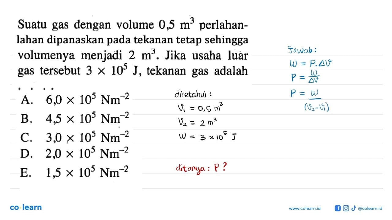 Suatu gas dengan volume 0,5 m^3 perlahanlahan dipanaskan