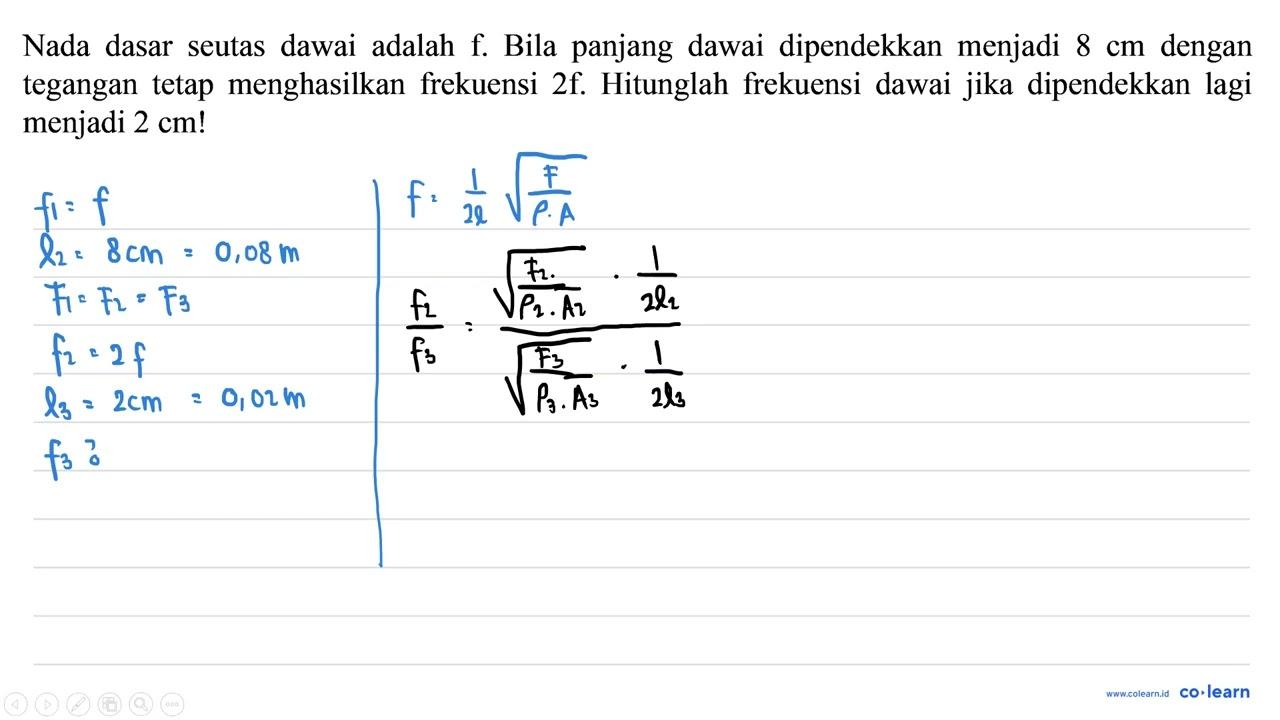 Nada dasar seutas dawai adalah f. Bila panjang dawai