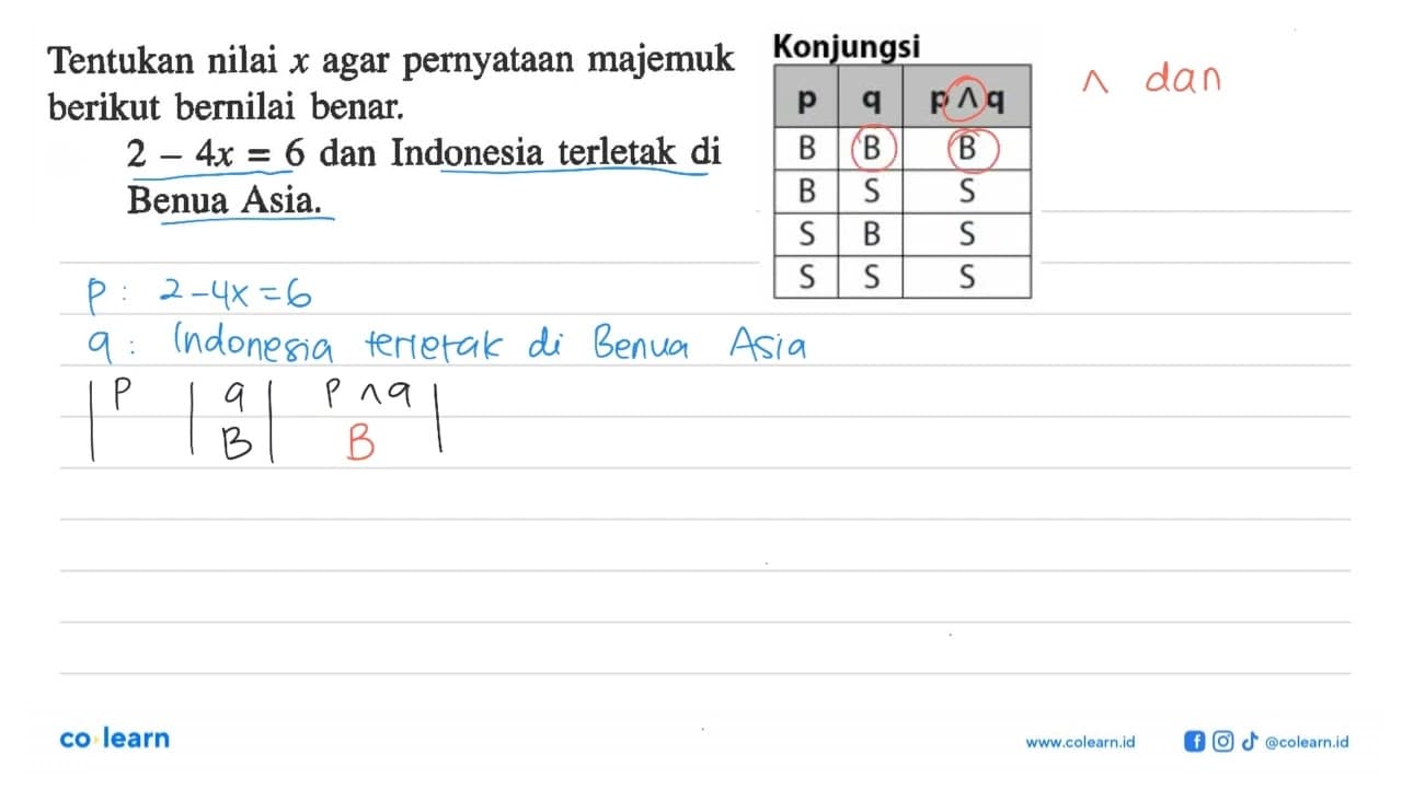 Tentukan nilai x agar pernyataan majemuk berikut bernilai