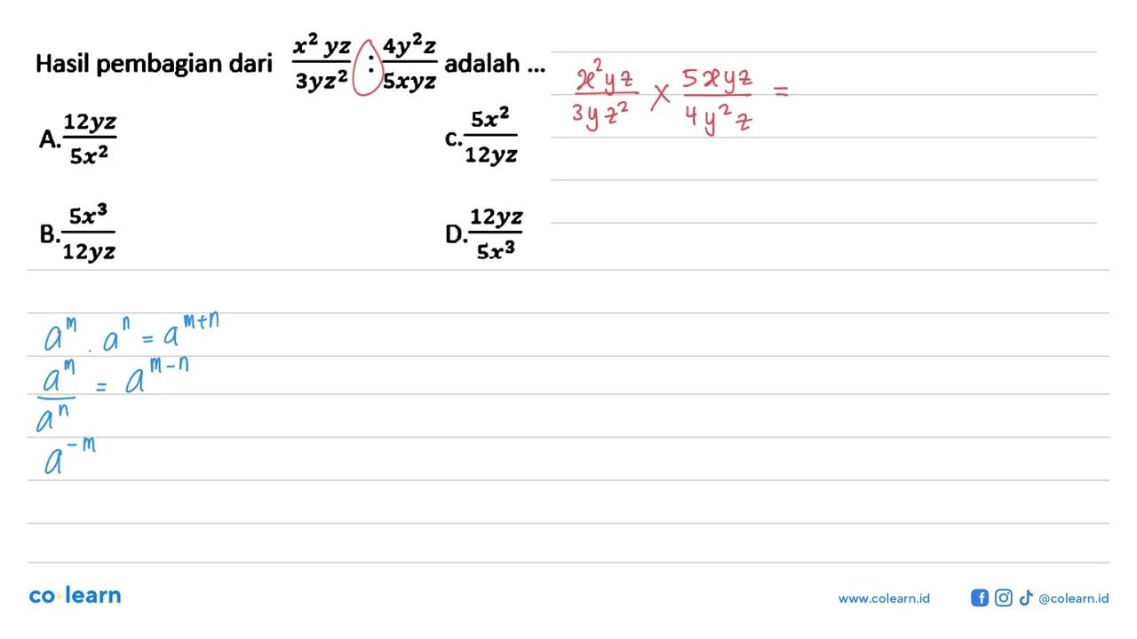 Hasil pembagian dari (x^2 yz)/(3yz^2) / (4y^2 z)/(5xyz)