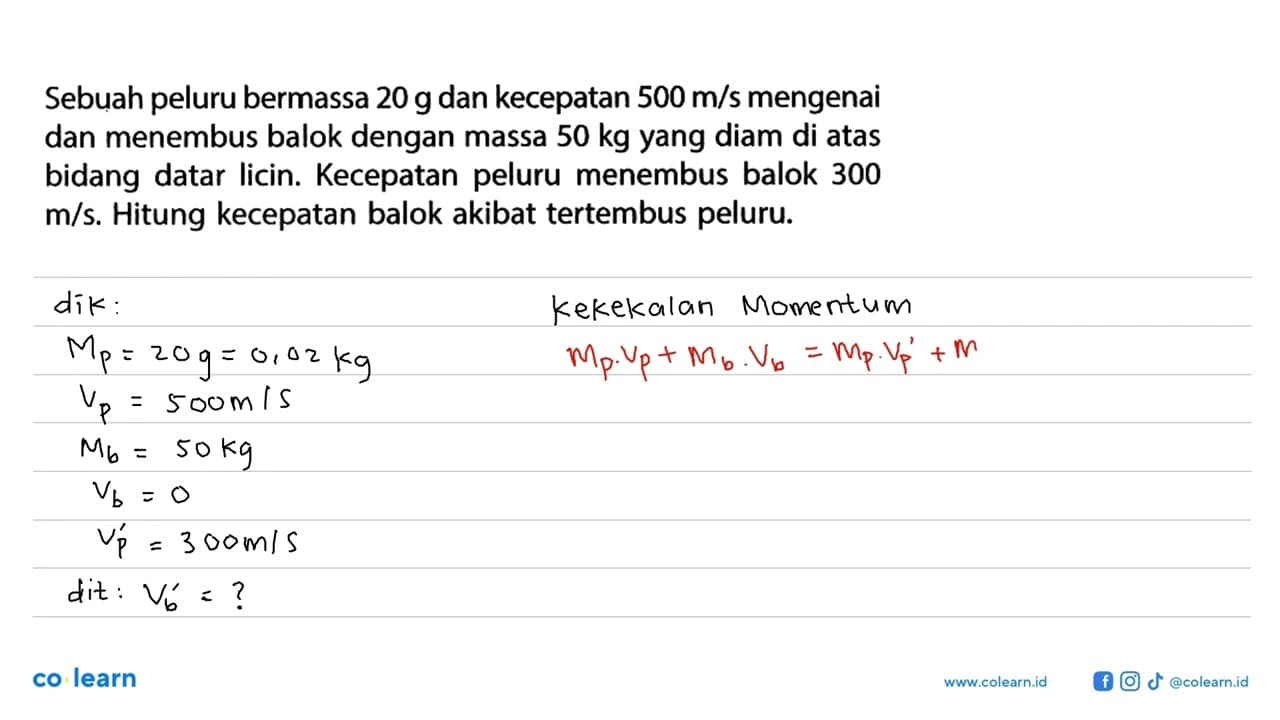 Sebuah peluru bermassa 20 g dan kecepatan 500 m/s mengenai